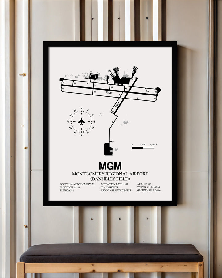 Framed Detailed Airport Map of Montgomery Regional Airport (Dannelly Field) (MGM) in White with a Black Frame