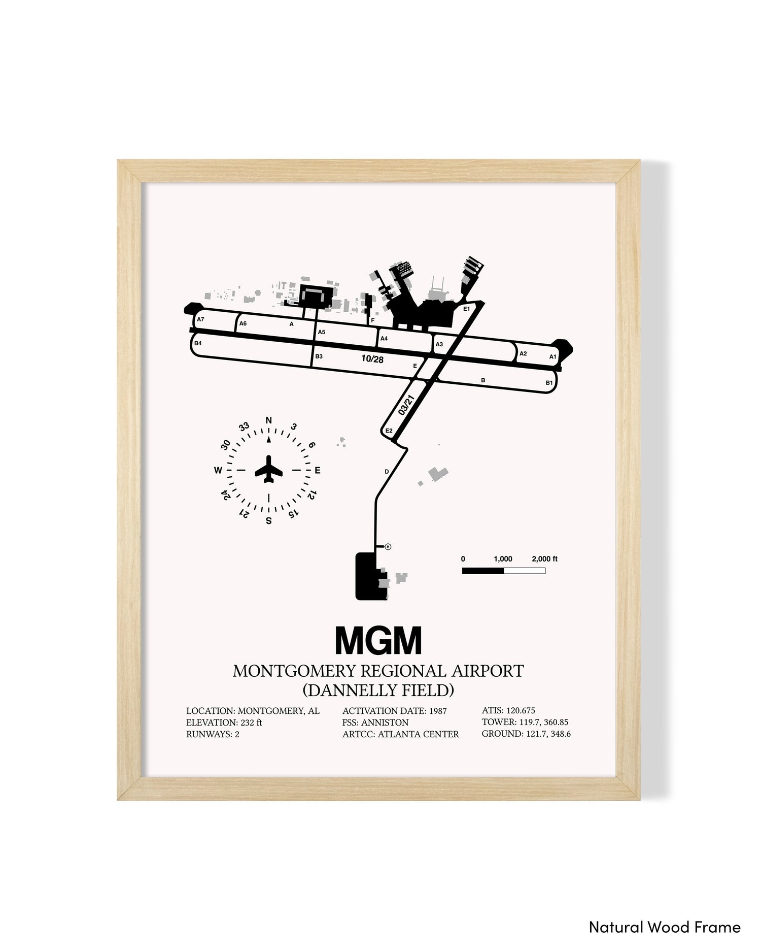 Detailed Airport Map of Montgomery Regional Airport (Dannelly Field) (MGM) in White with a Natural Frame
