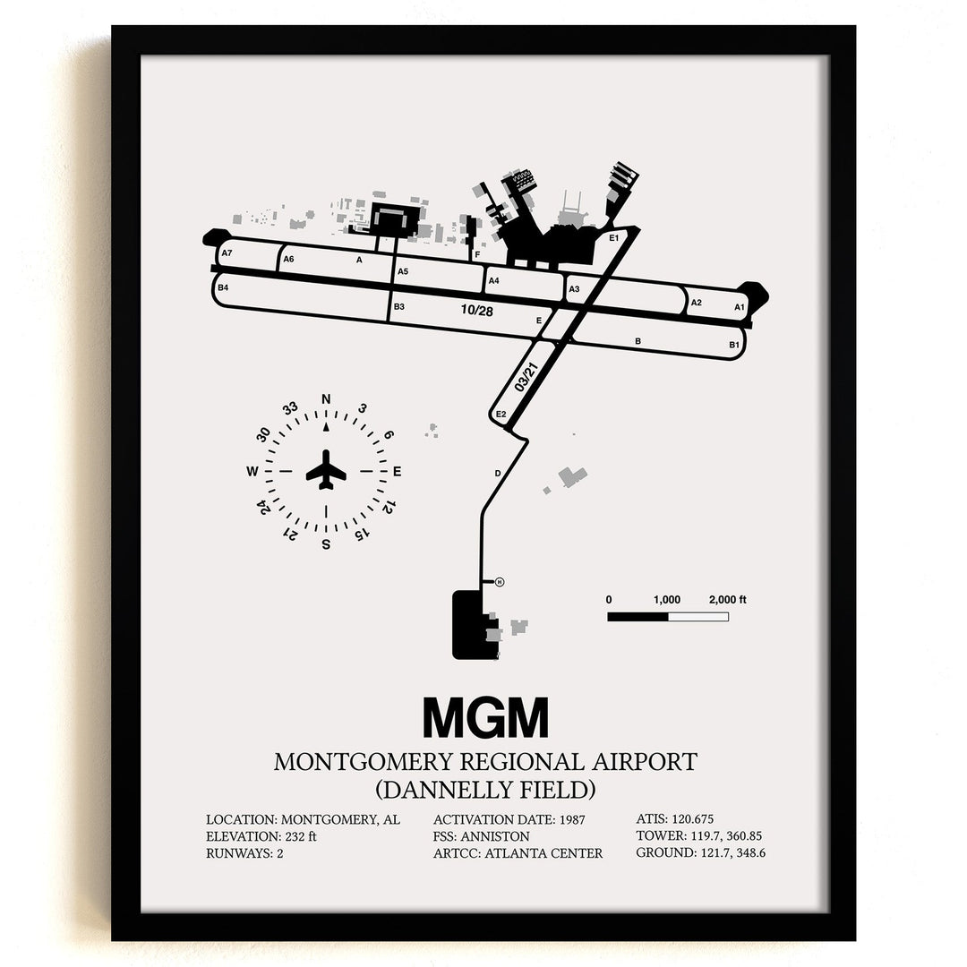 Framed Detailed Airport Map of Montgomery Regional Airport (Dannelly Field) (MGM) in White with a Black Frame