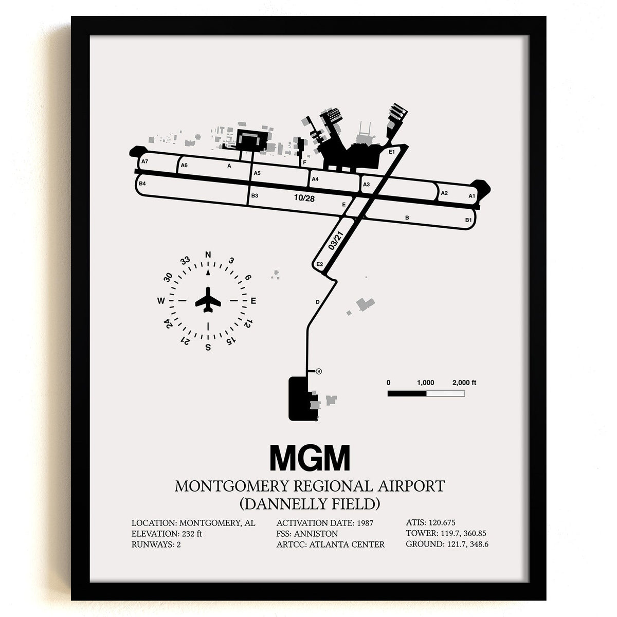 Framed Detailed Airport Map of Montgomery Regional Airport (Dannelly Field) (MGM) in White with a Black Frame