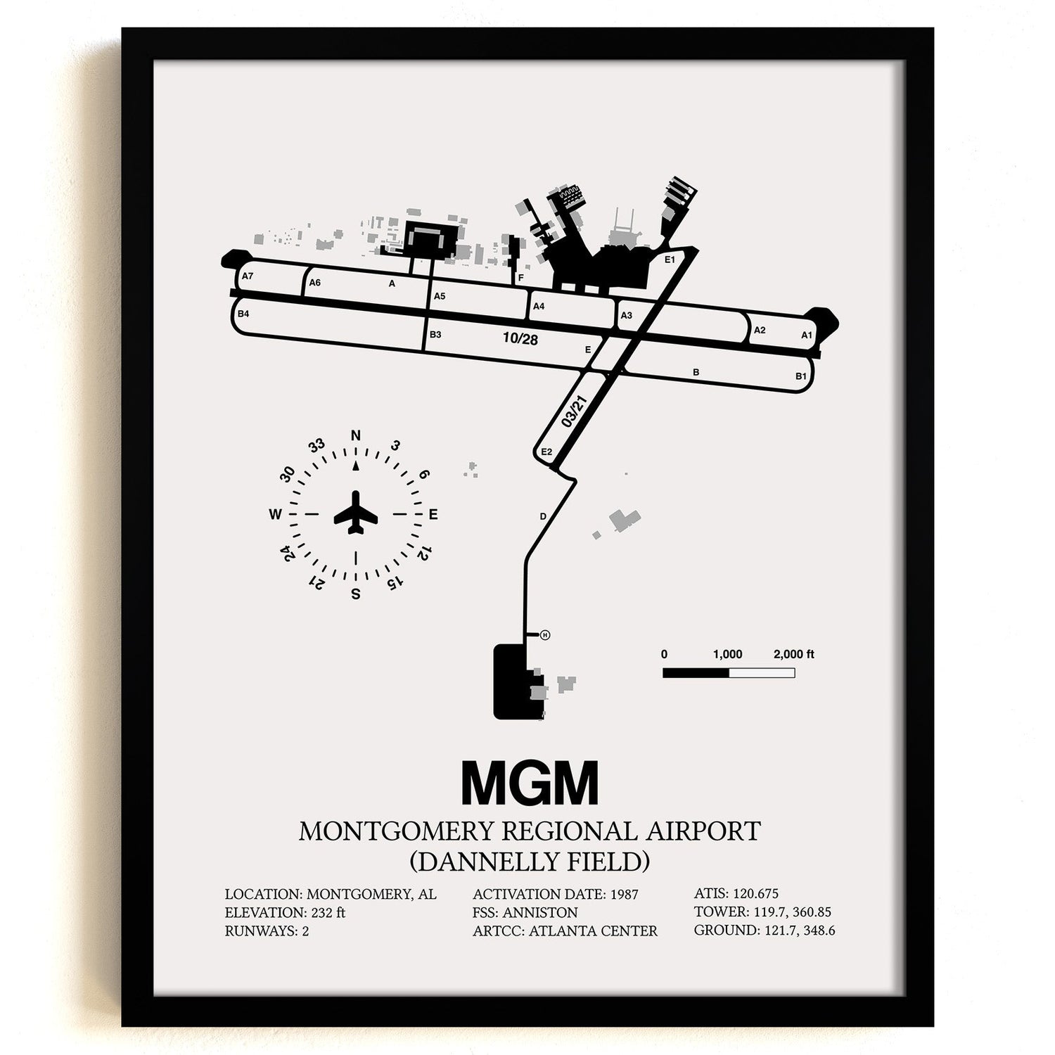 Framed Detailed Airport Map of Montgomery Regional Airport (Dannelly Field) (MGM) in White with a Black Frame