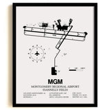 Framed Detailed Airport Map of Montgomery Regional Airport (Dannelly Field) (MGM) in White with a Black Frame