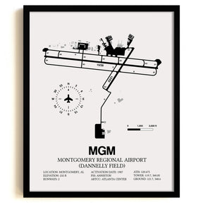 Framed Detailed Airport Map of Montgomery Regional Airport (Dannelly Field) (MGM) in White with a Black Frame