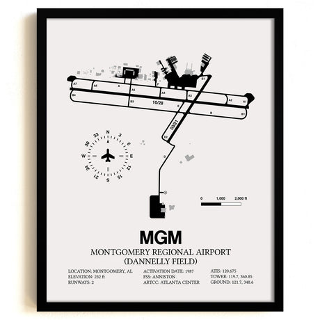 Framed Detailed Airport Map of Montgomery Regional Airport (Dannelly Field) (MGM) in White with a Black Frame