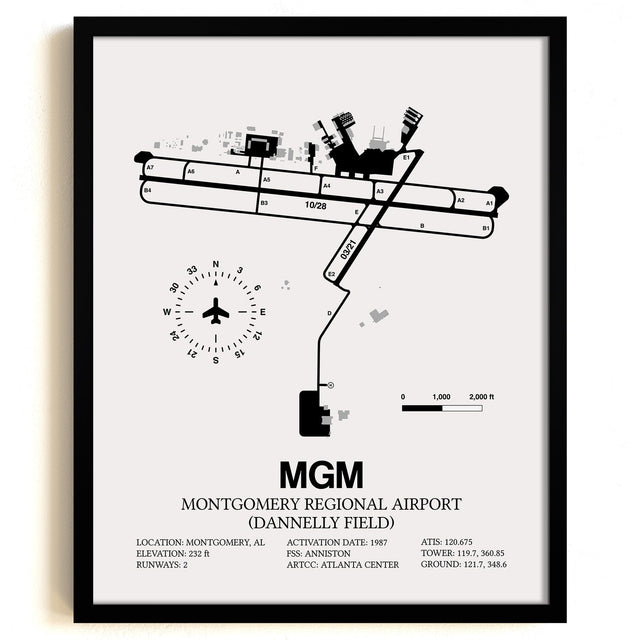 Framed Detailed Airport Map of Montgomery Regional Airport (Dannelly Field) (MGM) in White with a Black Frame