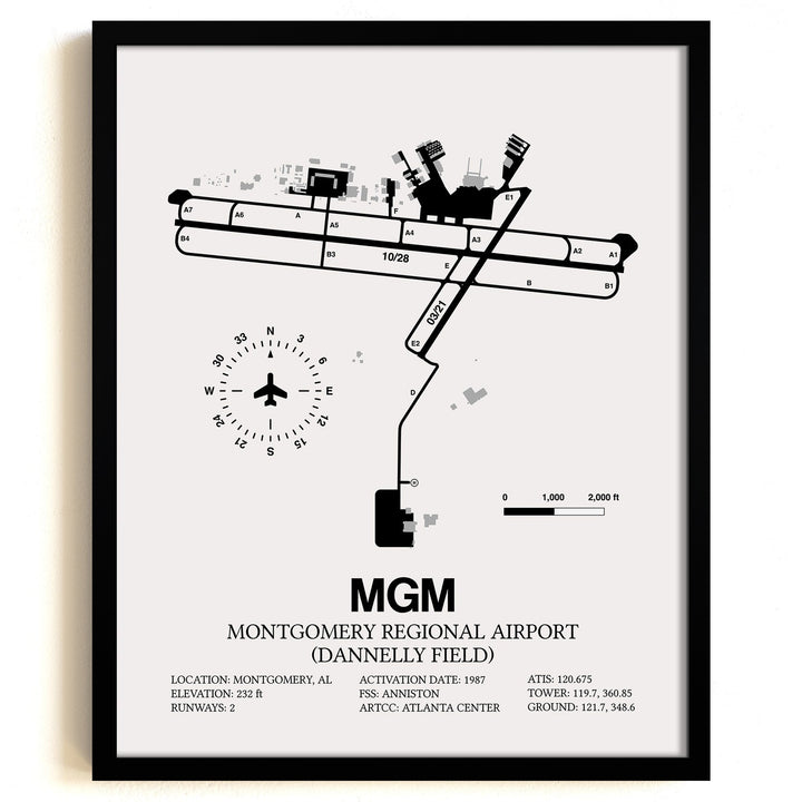 Framed Detailed Airport Map of Montgomery Regional Airport (Dannelly Field) (MGM) in White with a Black Frame
