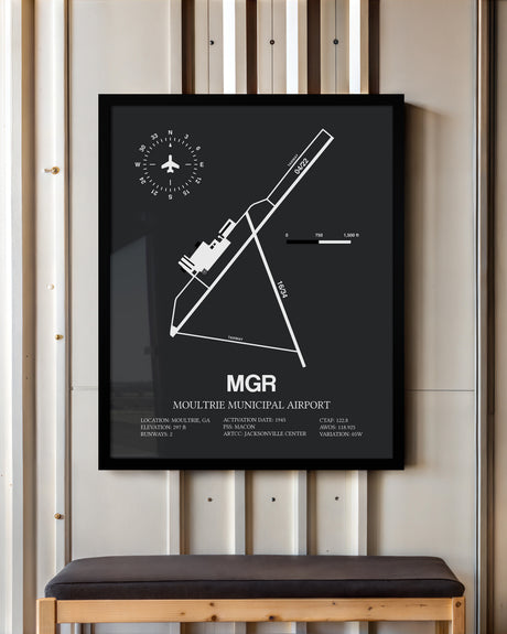 Framed Detailed Airport Map of Moultrie Municipal Airport (MGR) in Gray with a Black Frame
