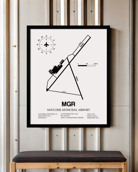 Framed Detailed Airport Map of Moultrie Municipal Airport (MGR) in White with a Black Frame