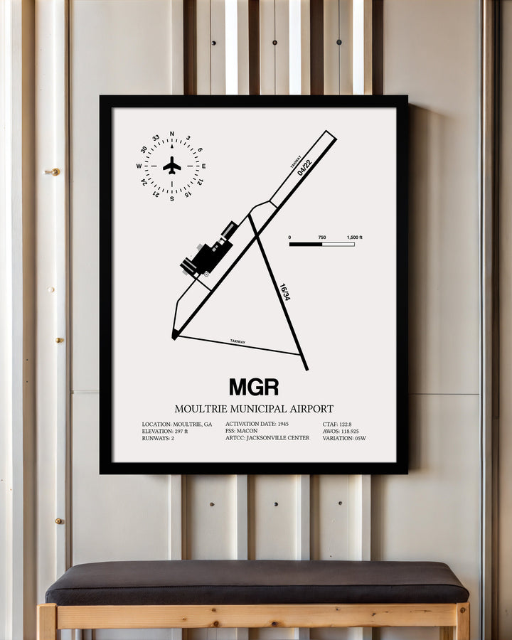 Framed Detailed Airport Map of Moultrie Municipal Airport (MGR) in White with a Black Frame