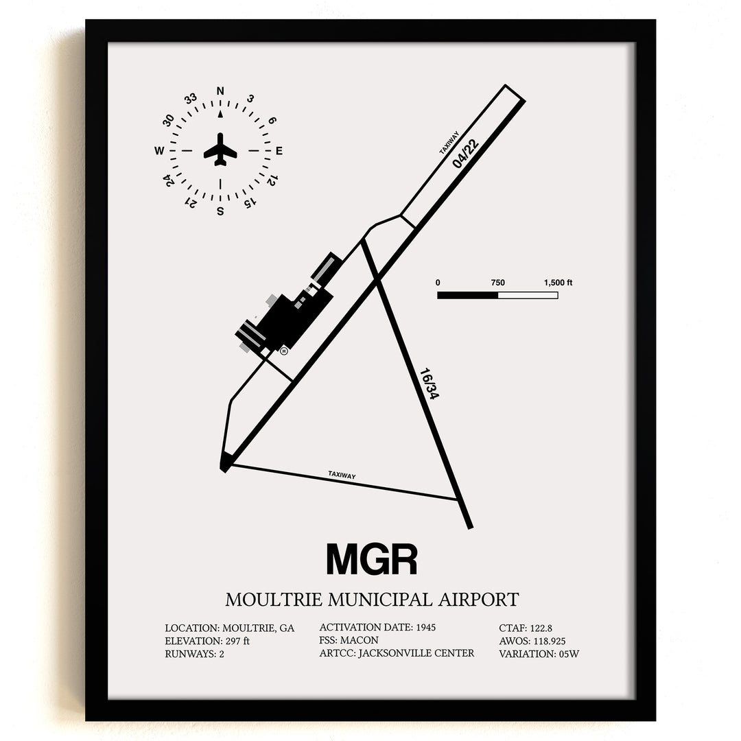 Framed Detailed Airport Map of Moultrie Municipal Airport (MGR) in White with a Black Frame