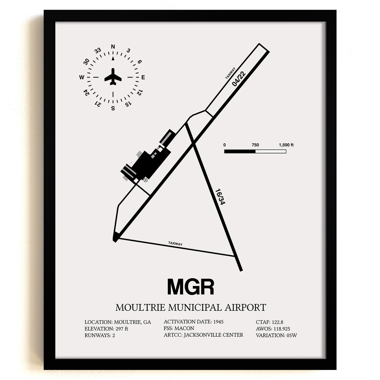 Framed Detailed Airport Map of Moultrie Municipal Airport (MGR) in White with a Black Frame