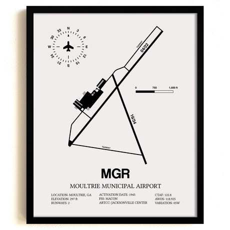 Framed Detailed Airport Map of Moultrie Municipal Airport (MGR) in White with a Black Frame