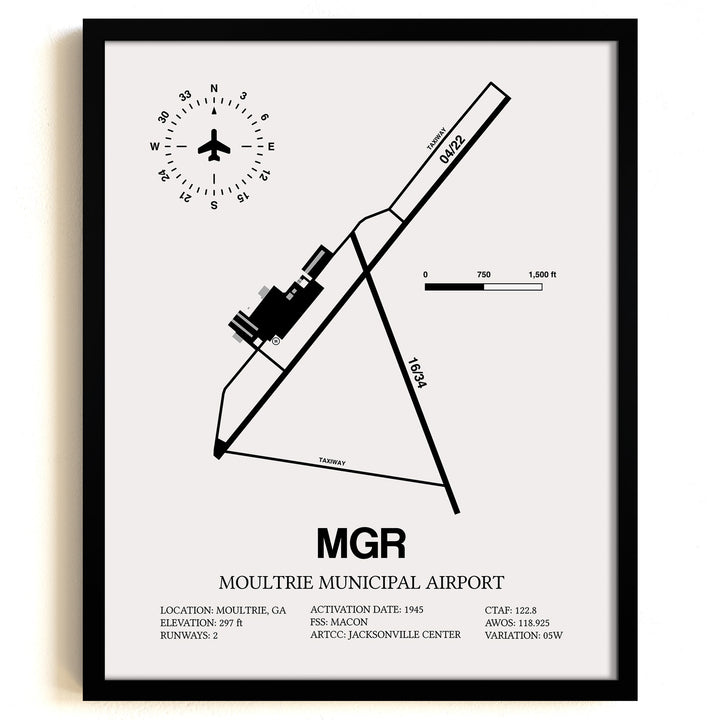 Framed Detailed Airport Map of Moultrie Municipal Airport (MGR) in White with a Black Frame