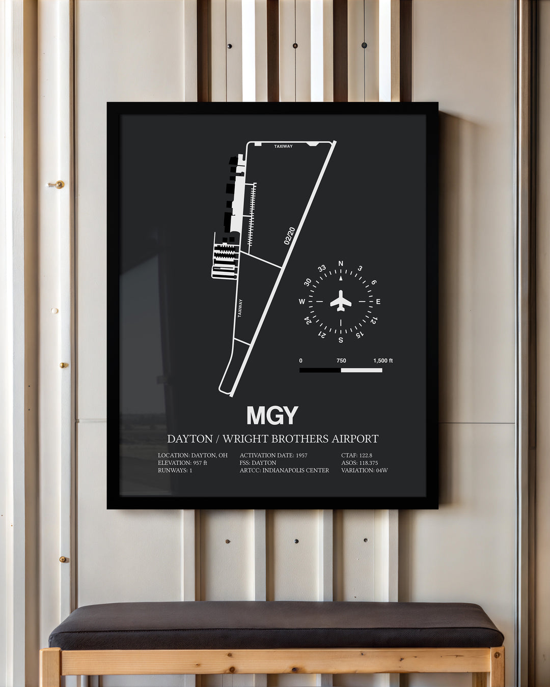 Framed Detailed Airport Map of Dayton / Wright Brothers Airport (MGY) in Gray with a Black Frame