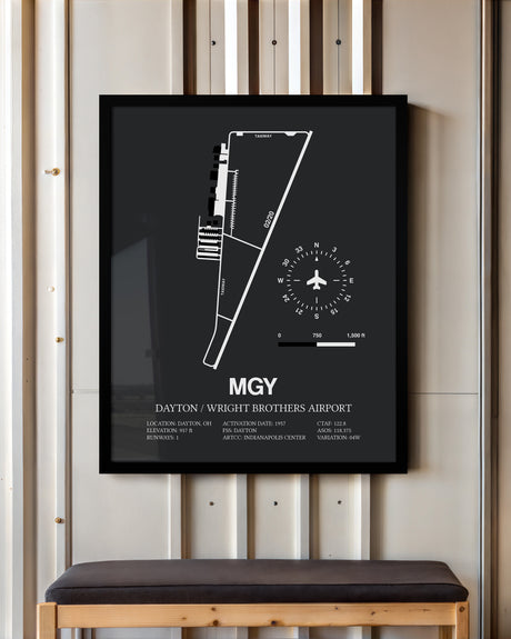 Framed Detailed Airport Map of Dayton / Wright Brothers Airport (MGY) in Gray with a Black Frame