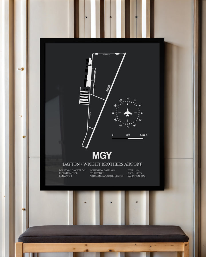 Framed Detailed Airport Map of Dayton / Wright Brothers Airport (MGY) in Gray with a Black Frame