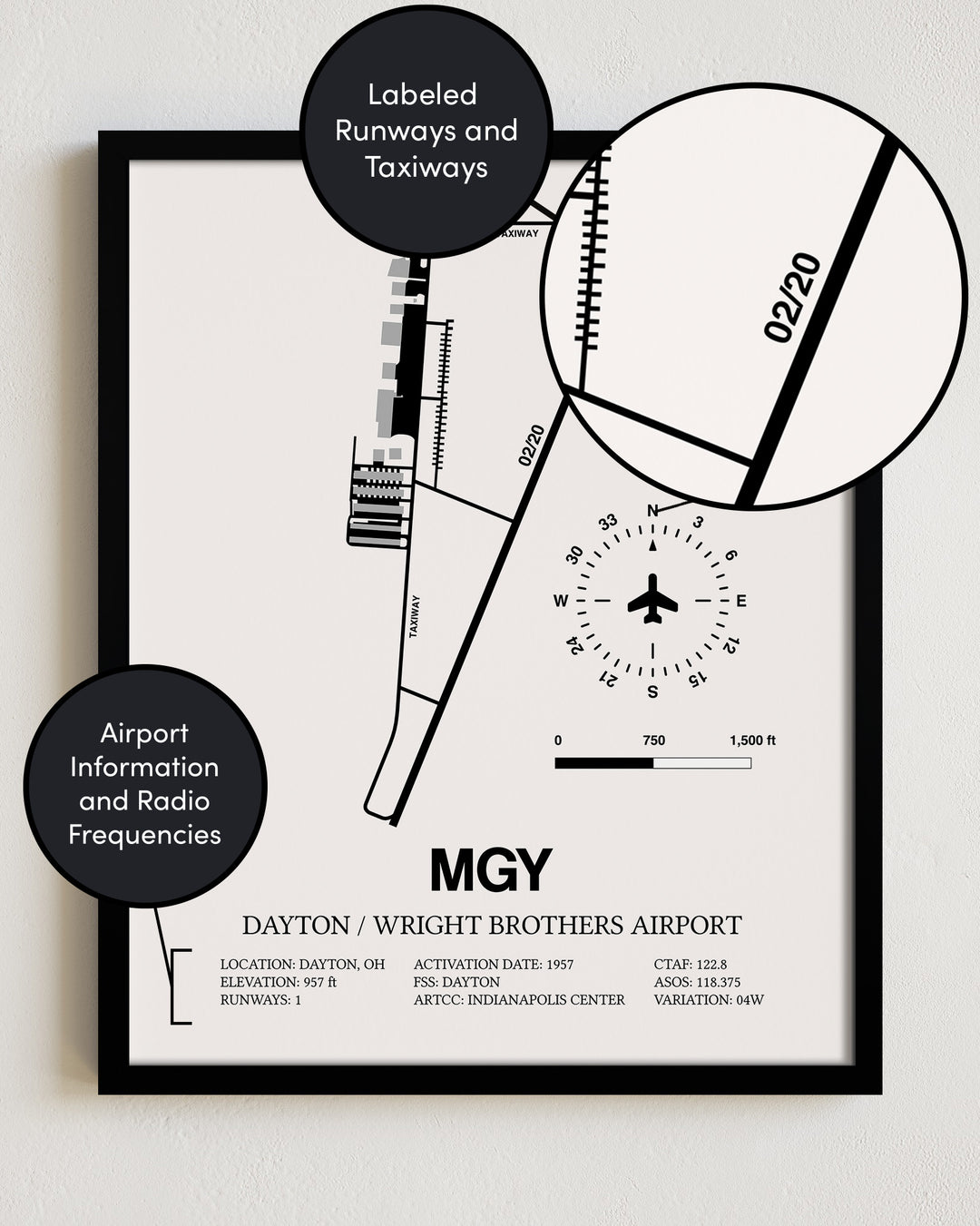 Framed Detailed Airport Map of Dayton / Wright Brothers Airport (MGY) in White with a Black Frame