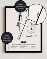Framed Detailed Airport Map of Dayton / Wright Brothers Airport (MGY) in White with a Black Frame