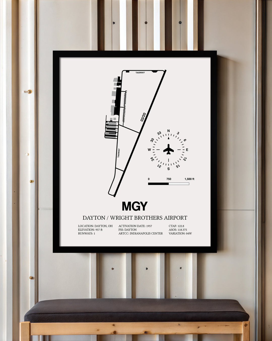 Framed Detailed Airport Map of Dayton / Wright Brothers Airport (MGY) in White with a Black Frame