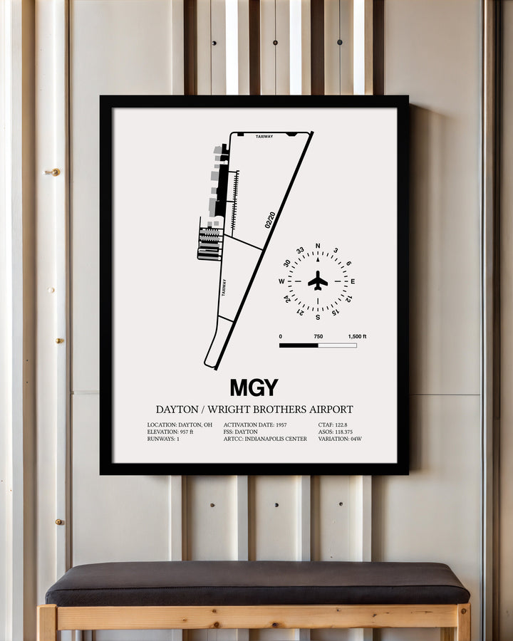 Framed Detailed Airport Map of Dayton / Wright Brothers Airport (MGY) in White with a Black Frame