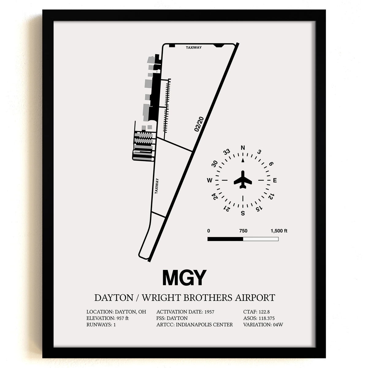 Framed Detailed Airport Map of Dayton / Wright Brothers Airport (MGY) in White with a Black Frame
