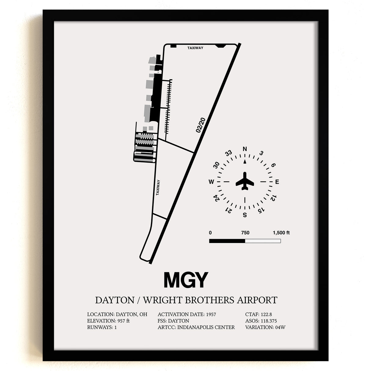 Framed Detailed Airport Map of Dayton / Wright Brothers Airport (MGY) in White with a Black Frame