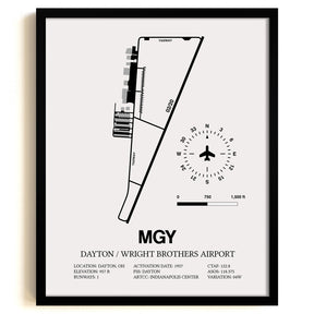 Framed Detailed Airport Map of Dayton / Wright Brothers Airport (MGY) in White with a Black Frame