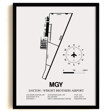 Framed Detailed Airport Map of Dayton / Wright Brothers Airport (MGY) in White with a Black Frame