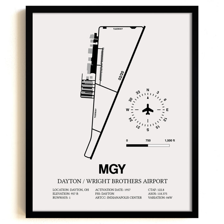 Framed Detailed Airport Map of Dayton / Wright Brothers Airport (MGY) in White with a Black Frame
