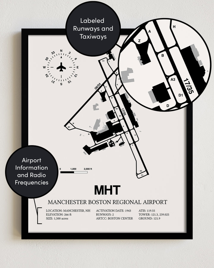 Framed Detailed Airport Map of Manchester Boston Regional Airport (MHT) in White with a Black Frame