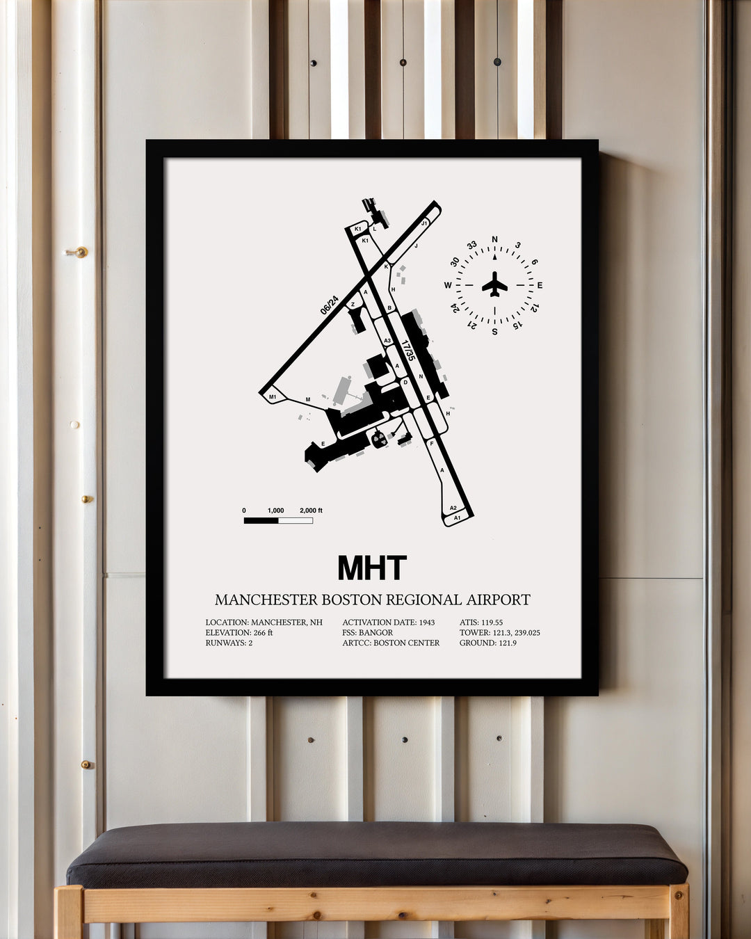 Framed Detailed Airport Map of Manchester Boston Regional Airport (MHT) in White with a Black Frame