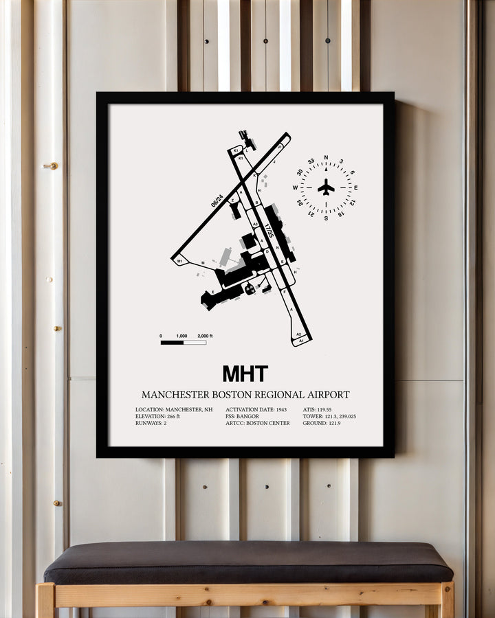 Framed Detailed Airport Map of Manchester Boston Regional Airport (MHT) in White with a Black Frame