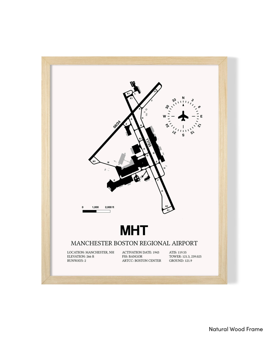 Detailed Airport Map of Manchester Boston Regional Airport (MHT) in White with a Natural Frame