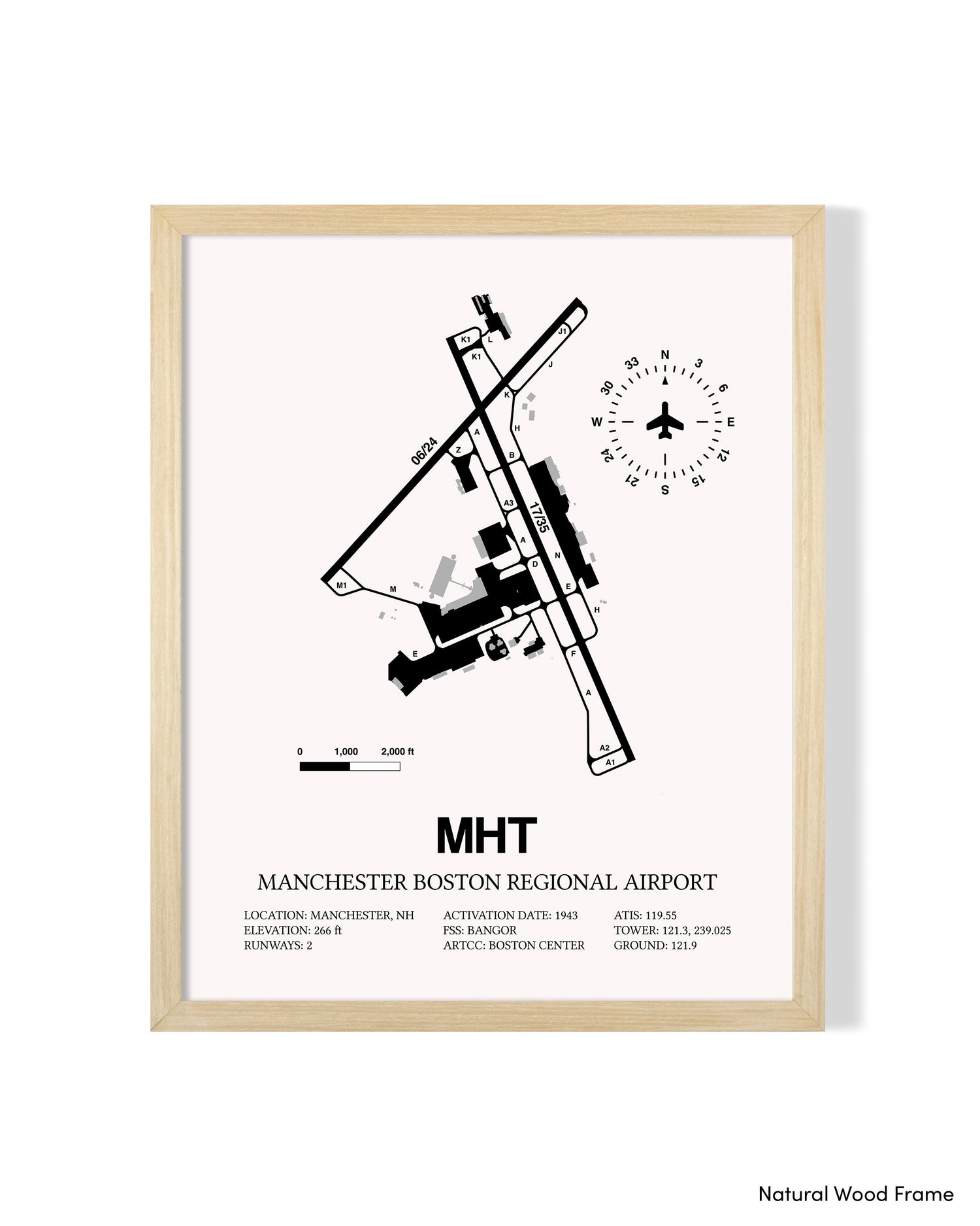 Detailed Airport Map of Manchester Boston Regional Airport (MHT) in White with a Natural Frame