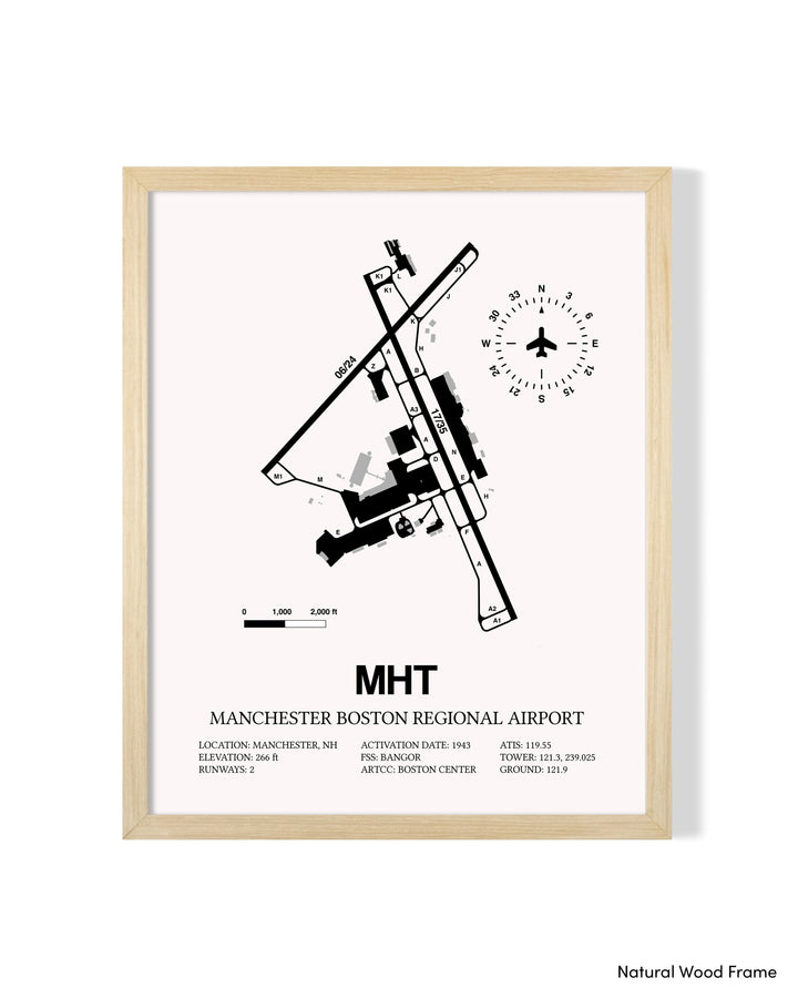 Detailed Airport Map of Manchester Boston Regional Airport (MHT) in White with a Natural Frame