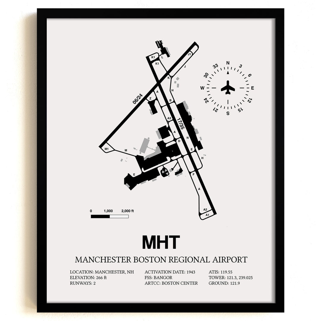 Framed Detailed Airport Map of Manchester Boston Regional Airport (MHT) in White with a Black Frame