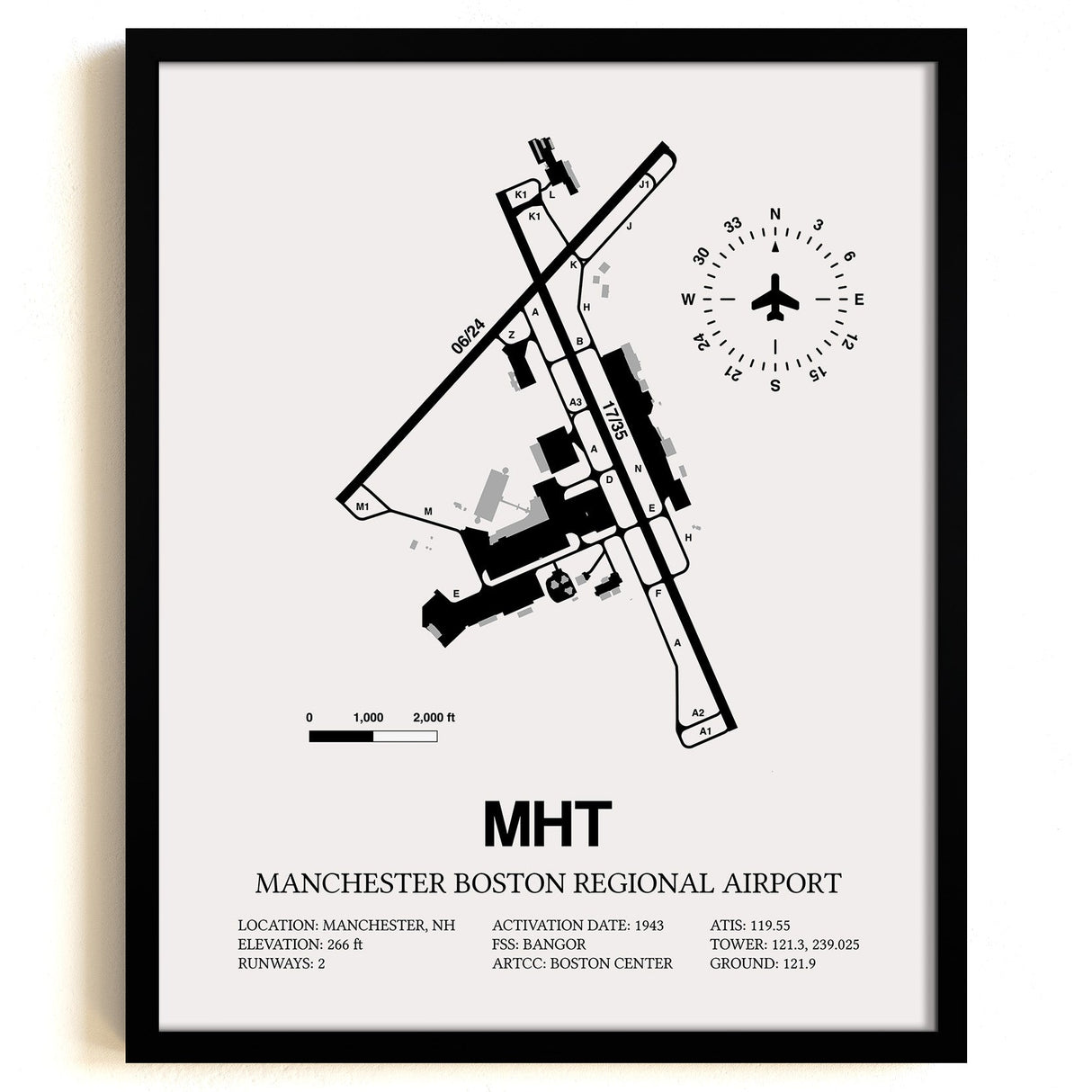 Framed Detailed Airport Map of Manchester Boston Regional Airport (MHT) in White with a Black Frame