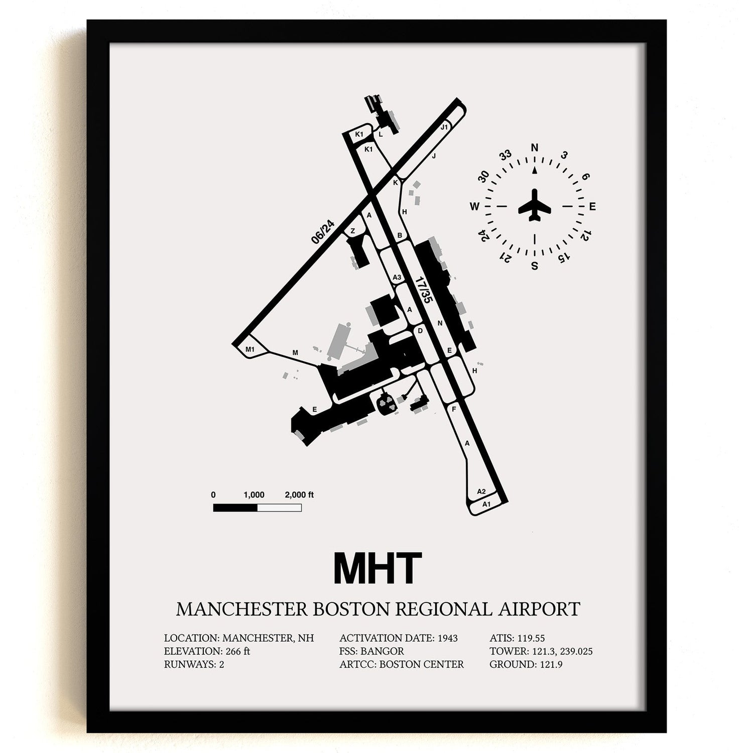 Framed Detailed Airport Map of Manchester Boston Regional Airport (MHT) in White with a Black Frame