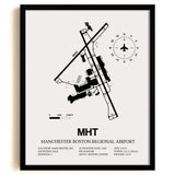 Framed Detailed Airport Map of Manchester Boston Regional Airport (MHT) in White with a Black Frame