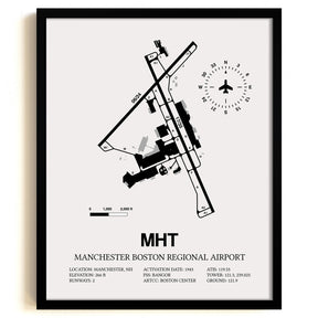 Framed Detailed Airport Map of Manchester Boston Regional Airport (MHT) in White with a Black Frame