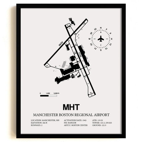 Framed Detailed Airport Map of Manchester Boston Regional Airport (MHT) in White with a Black Frame