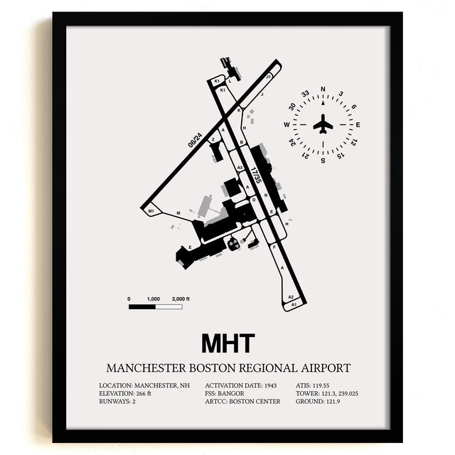 Framed Detailed Airport Map of Manchester Boston Regional Airport (MHT) in White with a Black Frame