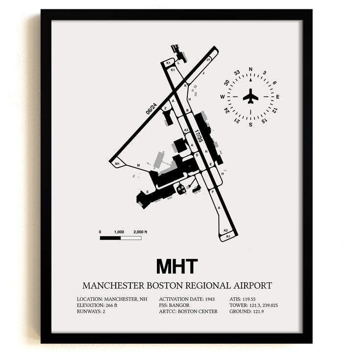 Framed Detailed Airport Map of Manchester Boston Regional Airport (MHT) in White with a Black Frame