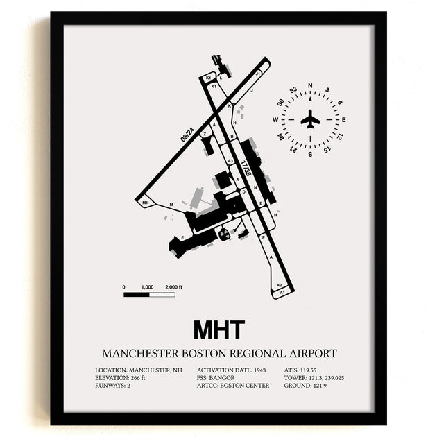 Manchester Boston Regional Airport (MHT) Framed Detailed Airport Map ...