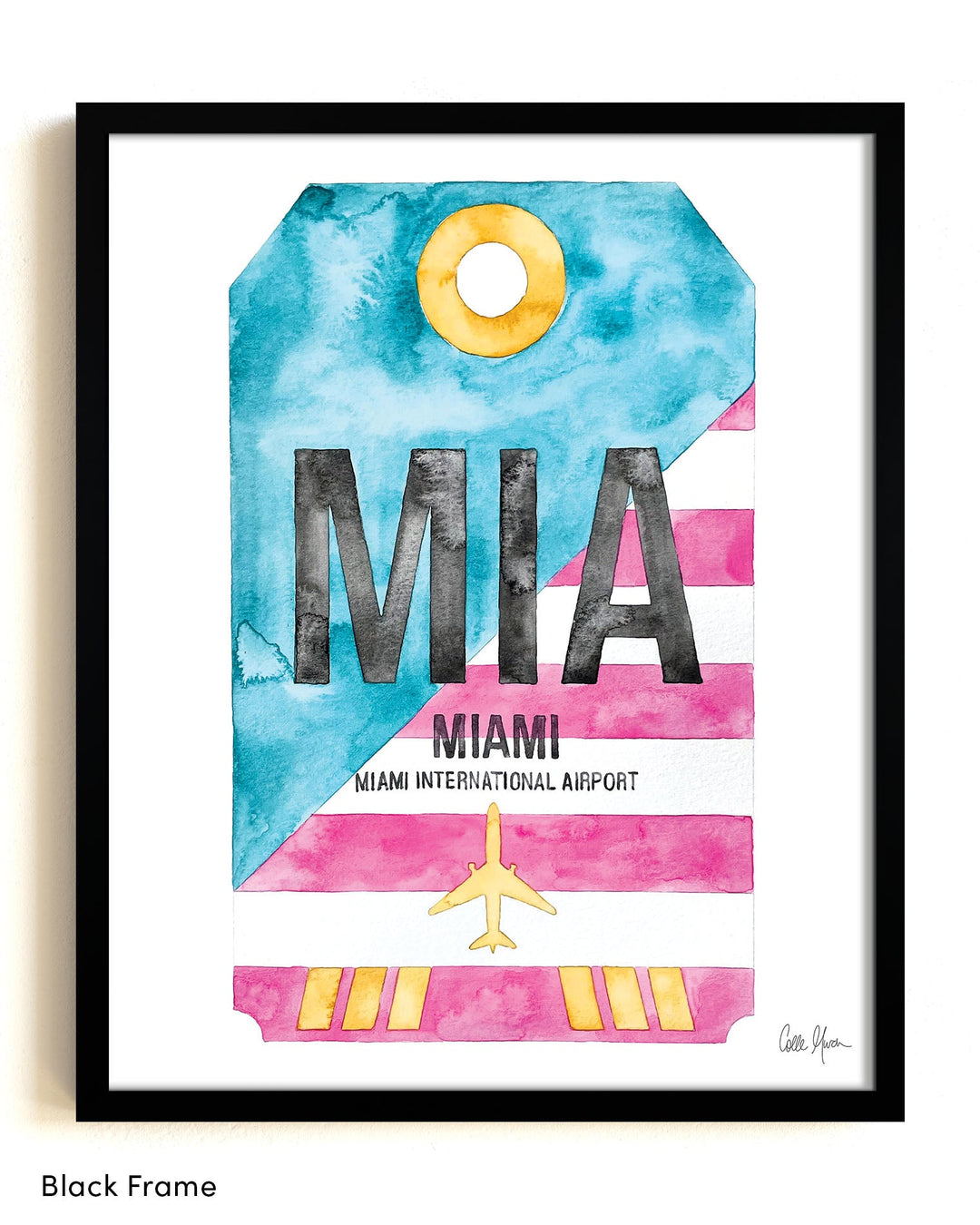 Framed Watercolor Print of Miami International Airport (MIA) with a Black Frame