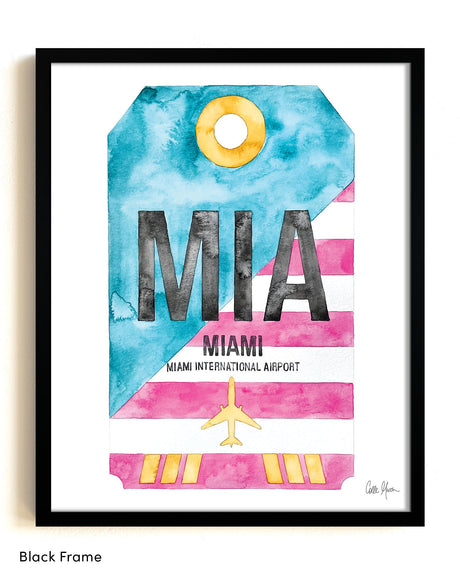 Framed Watercolor Print of Miami International Airport (MIA) with a Black Frame