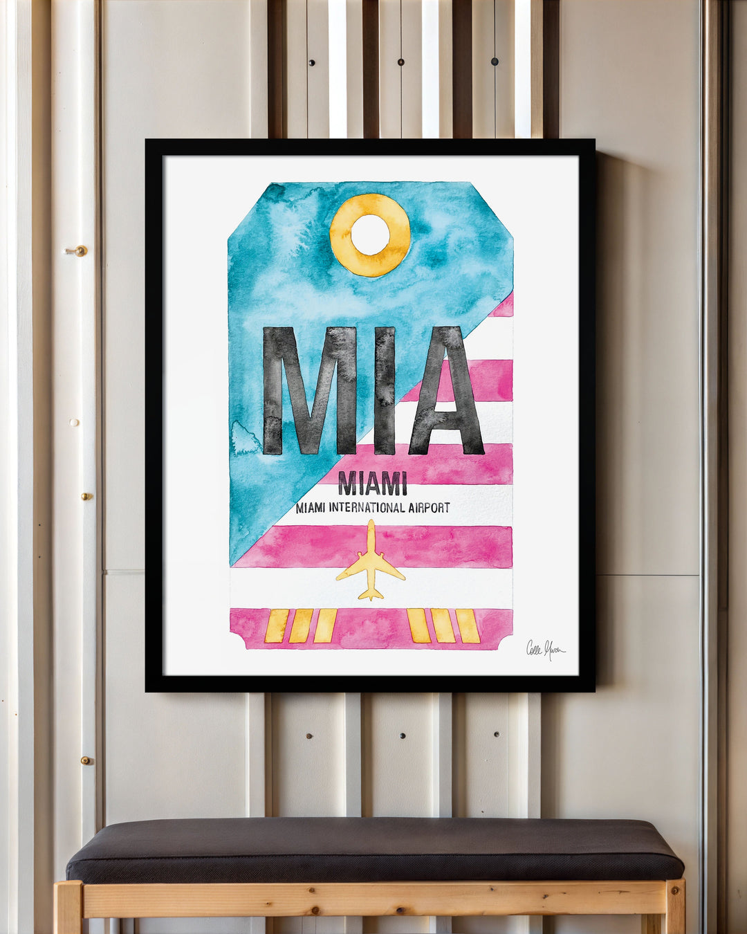 Framed Watercolor Print of Miami International Airport (MIA) with a Black Frame