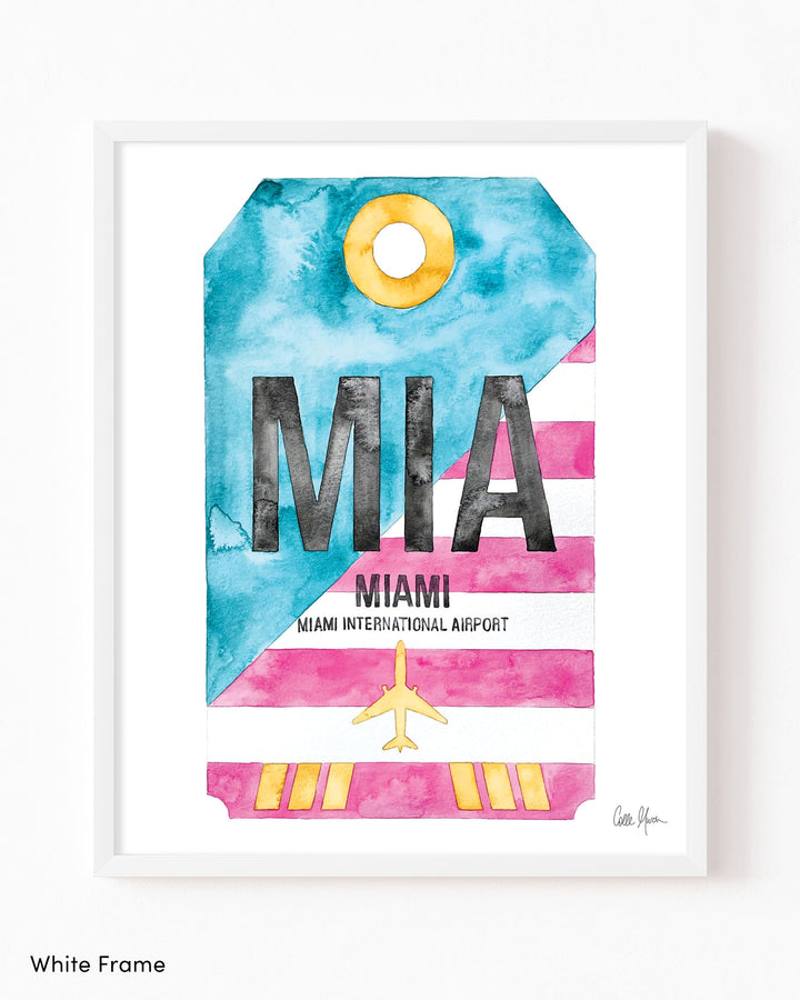 Framed Watercolor Print of Miami International Airport (MIA) with a White Frame