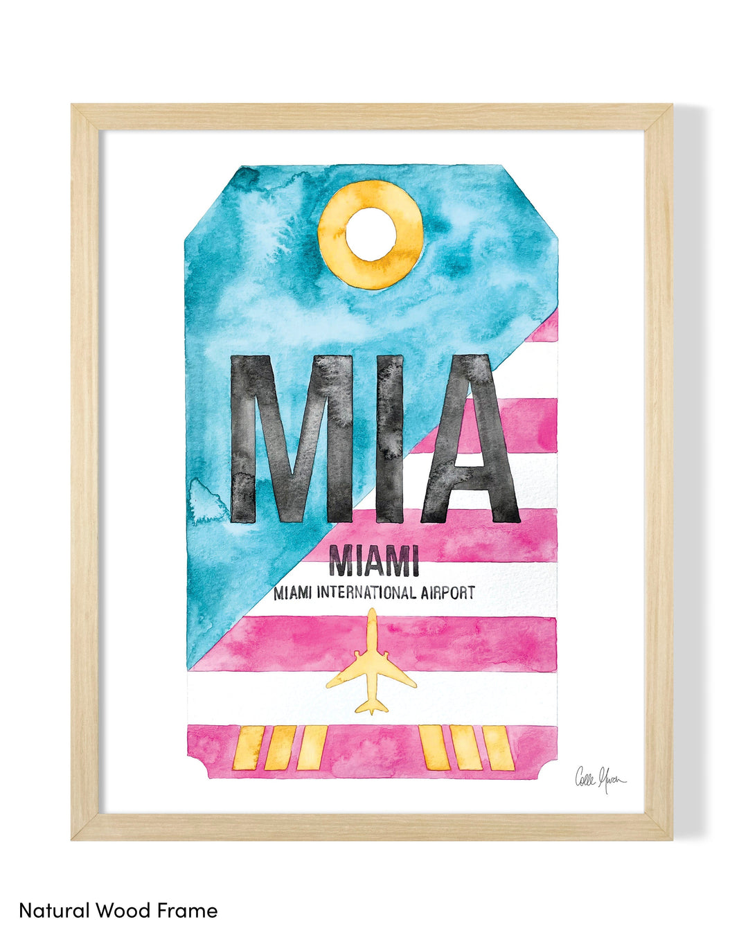 Framed Watercolor Print of Miami International Airport (MIA) with a Natural Wood Frame