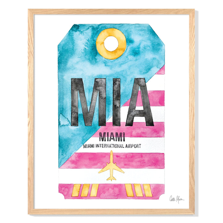 Framed Watercolor Print of Miami International Airport (MIA) with an Oak Frame